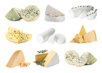 Variety of cheeses isolated on white, set