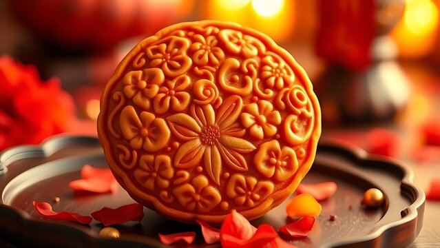 A festive mooncake with floral imprints and golden accents, celebrating China National Day with elegance.