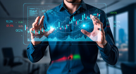 Dynamic businessman analyzing financial data with holographic interface, modern tech concept
