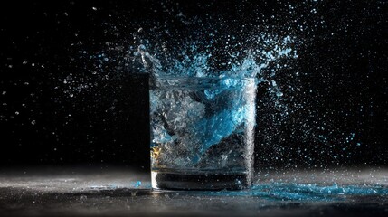 A high-speed photograph captures the moment a liquid, possibly water with blue dye