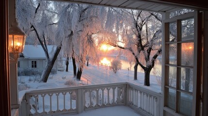 Winter sunrise view from a snowy balcony
