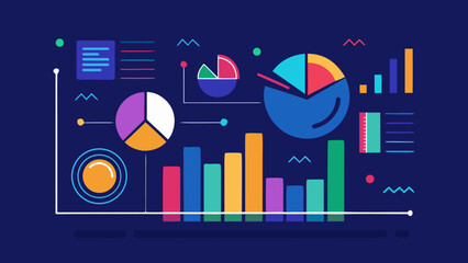 Obraz premium Colorful infographic elements including pie charts, bar graphs, and data visualizations on a dark background