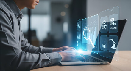Modern businessman analyzing data using advanced AI-powered automation technology on laptop