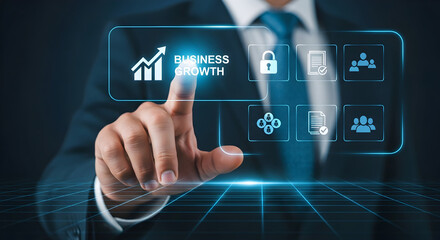 Business growth concept with businessman touching digital interface, success and innovation