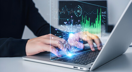 Modern professional analyzing AI-powered data visualization on laptop with glowing effects