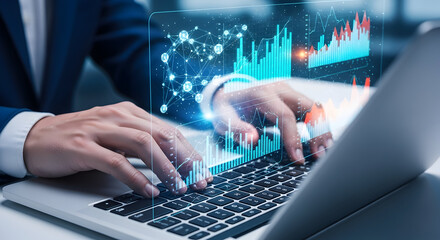 Professional working with data charts and graphs on laptop, analyzing business analytics