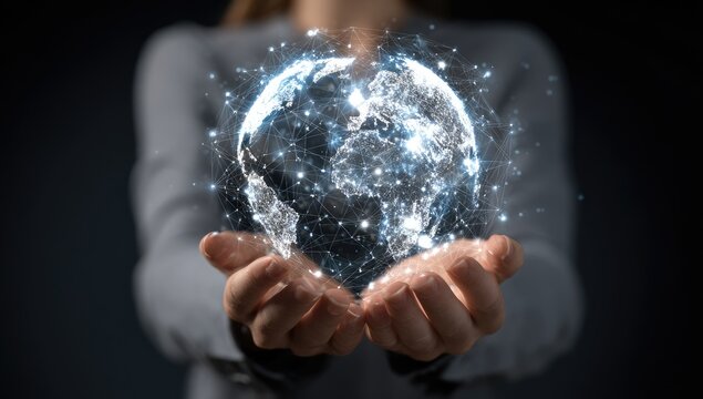 Woman's hands holding a holographic Earth - Powered by Adobe