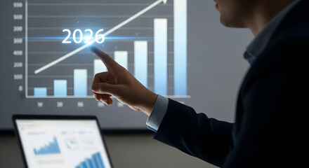 Business professional presenting financial growth chart for 2026, future success concept