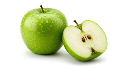 Two isolated green apples on a white background, representing healthy, fresh, and organic fruit