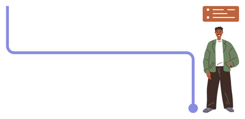 Person in casual outfit standing beside a purple curved line with a text box, suggesting connection, communication, or timelines. Ideal for user journeys, storytelling, timelines, education