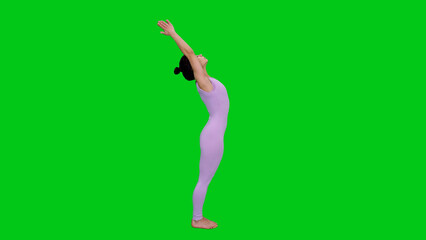 Young slim woman in bodysuit doing upward hands yoga posture on green chroma key background