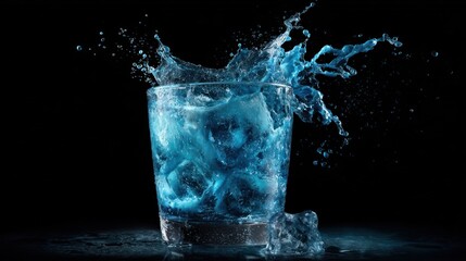 A cocktail glass with dynamic water splash, illuminated in shades of vibrant blue
