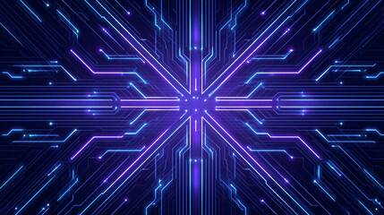 Vibrant blue and purple digital circuitry design emanating from the center, showcasing a futuristic technology concept with intricate details and glowing lines