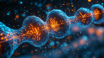 Detailed synapse in the human neural system. Colorful abstract depiction of neurons and connectivity, ideal for medical, scientific, and educational visuals.