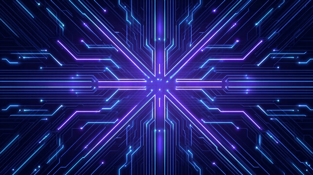 Vibrant blue and purple digital circuitry design emanating from the center, showcasing a futuristic technology concept with intricate details and glowing lines