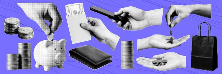 Halftone pop art collage of coins, piggy bank, wallet, hands with money and payment methods, finance and savings concept on purple background
