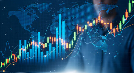 Dynamic financial charts visualizing global markets and investment growth in a modern setting