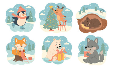 Cozy winter scenes with animals set. Penguin, reindeer, brown bear, fox, polar bear, wolf. Simple flat doodle style, cozy warm winter mood
