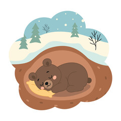 A bear cub sleeps in a den under snowdrifts. Simple flat doodle style, cozy warm winter mood