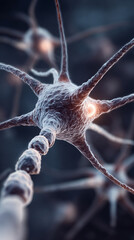 Detailed synapse in the human neural system. Colorful abstract depiction of neurons and connectivity, ideal for medical, scientific, and educational visuals.