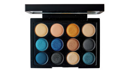 Colorful eyeshadow palette with vibrant shades arranged in a sleek black case
