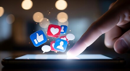 Finger interacting with social media icons smartphone