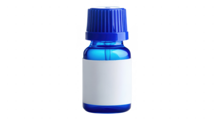 Small blue glass bottle with white label on transparent background