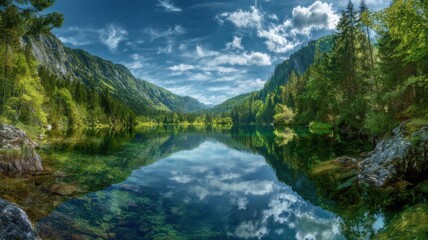  a sky with scattered clouds and lush  green mountains