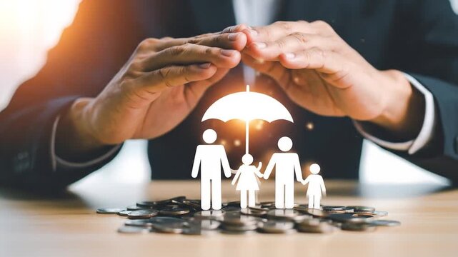 Hands protect a family icon under an umbrella, atop coins, implying financial security. Light shines