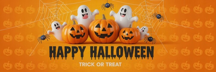 Spooky cute Halloween scene with friendly ghosts, jack-o'-lanterns, and playful spiders on a vibrant orange background, perfect for festive celebrations