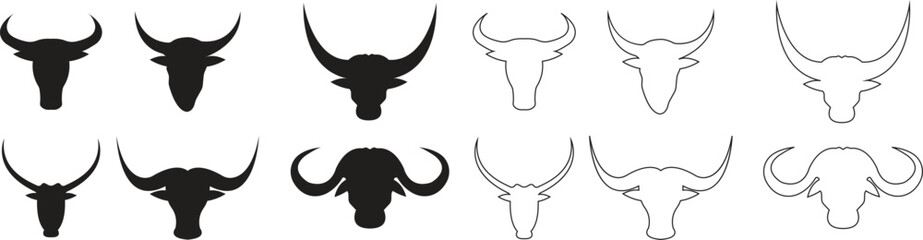 Bull head icon set, black silhouette and outline vector collection of cattle, ox, buffalo, and cow skulls with horns, animal head logo, ranch, farm, rodeo, mascot and tattoo design bundle