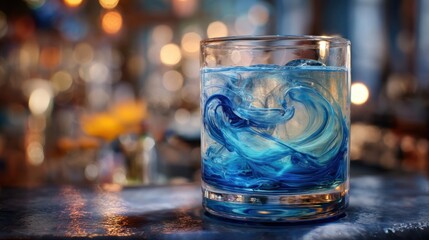Artistic cocktail with swirling blue liquid in a clear glass, sitting on a bar, with bokeh