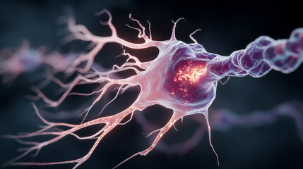 Detailed synapse in the human neural system. Colorful abstract depiction of neurons and connectivity, ideal for medical, scientific, and educational visuals.