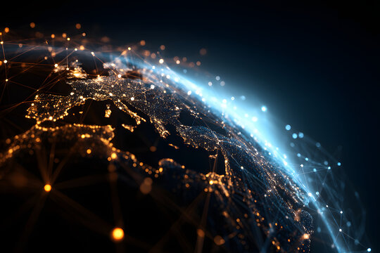 3D rendering of a glowy polygonal grid planet on dark background. Globe, international map, communication, network, earth and technology concept.