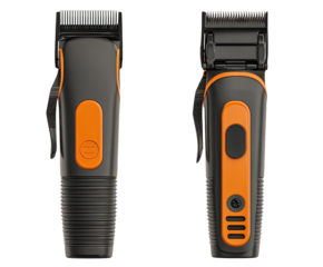 Two views of a black and orange hair clipper