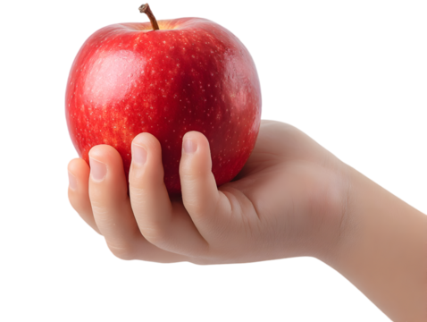 Child's hand holding a shiny red apple against a neutral background, symbolizing health and nutrition
