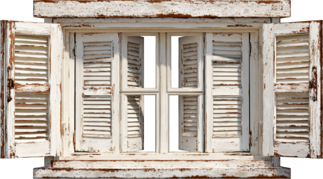 Aged white window with open shutters