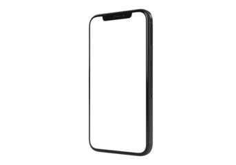 Black smartphone with a blank screen, side angle view. Isolated on transparent background, png
