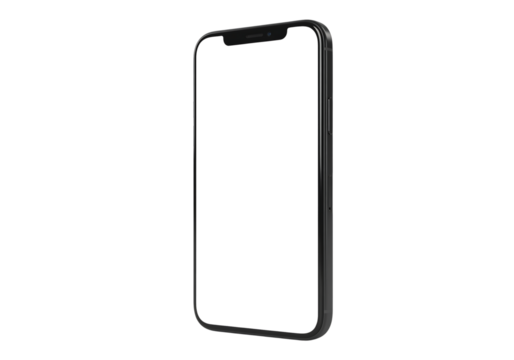 Black smartphone with a blank screen, side angle view. Isolated on transparent background, png