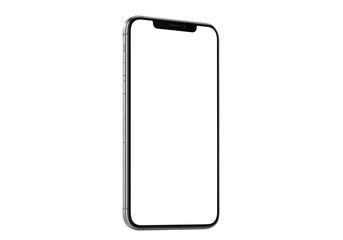 Silver smartphone with a blank screen, perspective view. Isolated on transparent background, png
