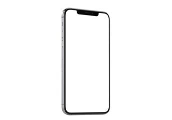 Silver smartphone with a blank screen, perspective view. Isolated on transparent background, png