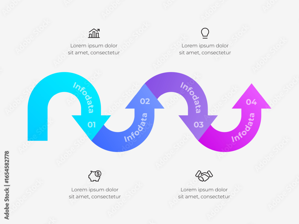 Wall mural infographic featuring colorful zigzagging arrows with icons and descriptive labels, ideal for presen