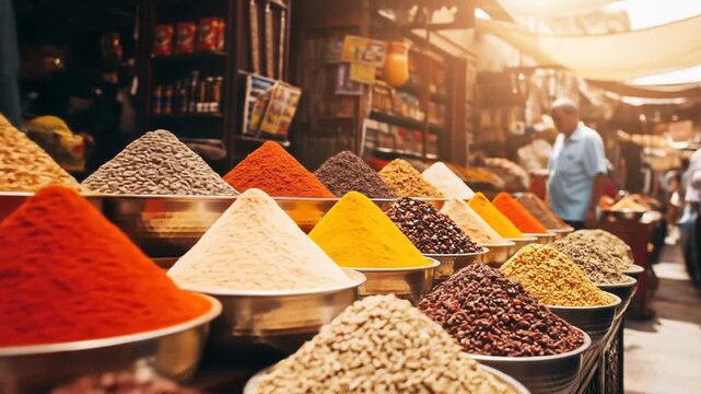 Colorful Spices in Bowls Displayed at an Outdoor Market with Golden Light and Various People in the Background Creating a Vibrant Culinary Atmosphere