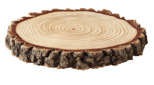 Light-colored wood slice, circular, bark edge