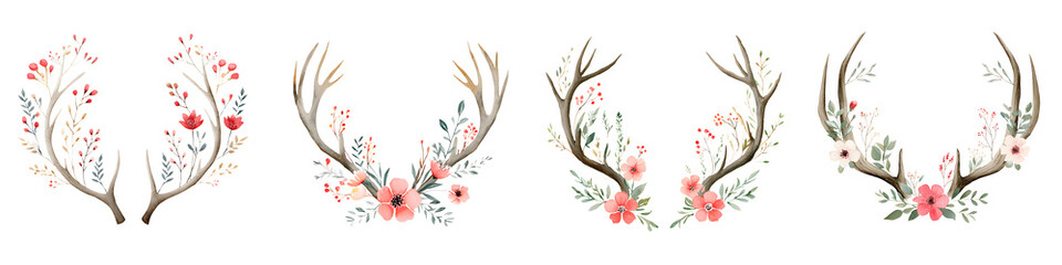 Obraz premium Watercolor Floral Antlers Decoration Set on White
