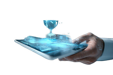 Hand holding tablet with digital trophy graphic