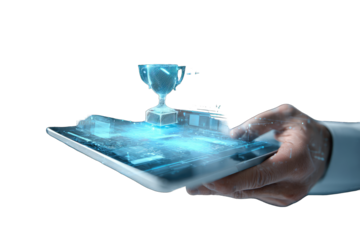 Hand holding tablet with digital trophy graphic