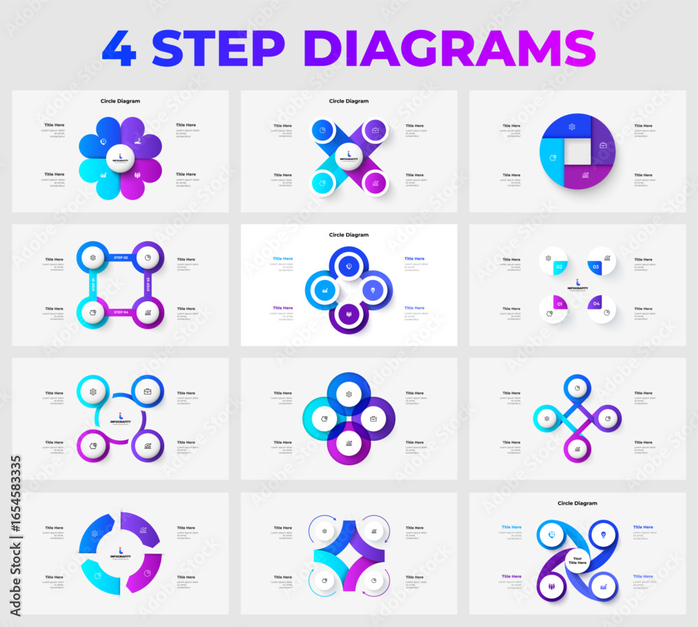 Canvas Prints infographic set displaying various four step circular diagram templates featuring professional layou
