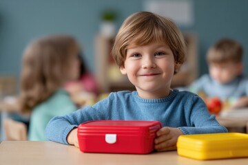Smiling child with lunchbox showcases joyful allergy-friendly me