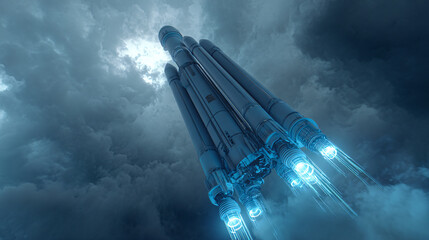 Rocket Launching into Cloudy Sky with Glowing Engines and Blue Light
